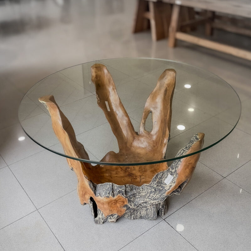 Mesa café de madera de Teca y gris de 80cm con cristal