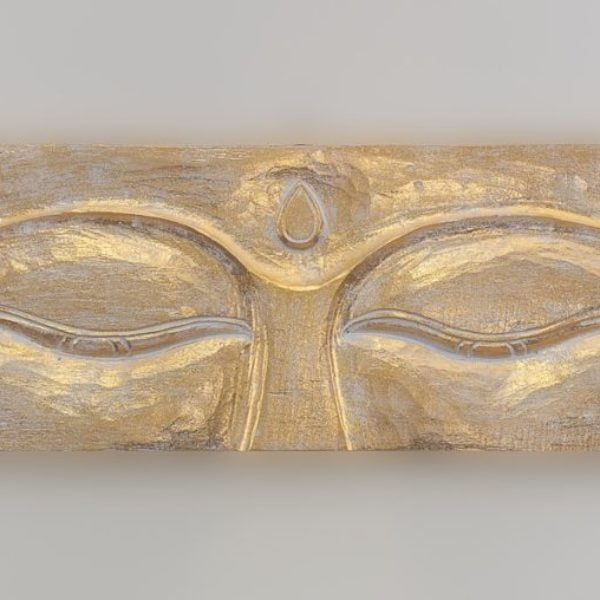 Panel de pared ojos de Buda de madera en pan de oro de 80x25cm