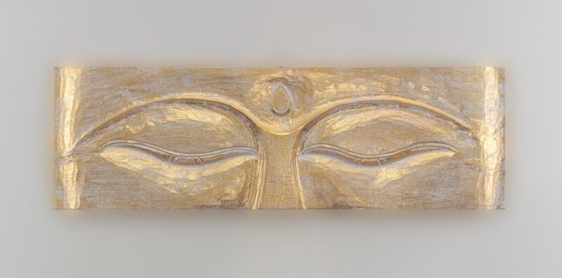 Panel de pared ojos de Buda de madera en pan de oro de 80x25cm